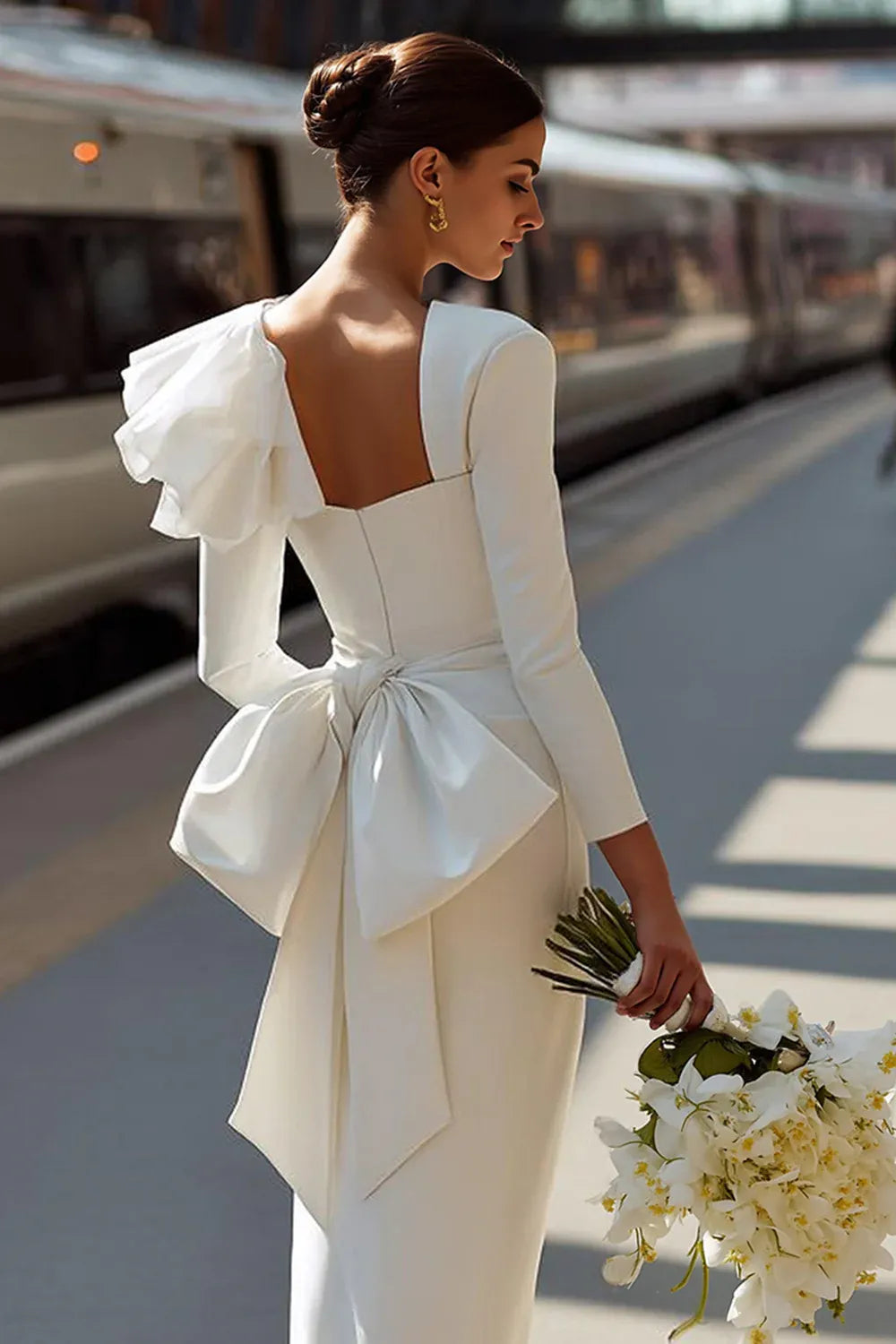 Square Neck Crepe Sheath Wedding Dress with Back Bow Detail