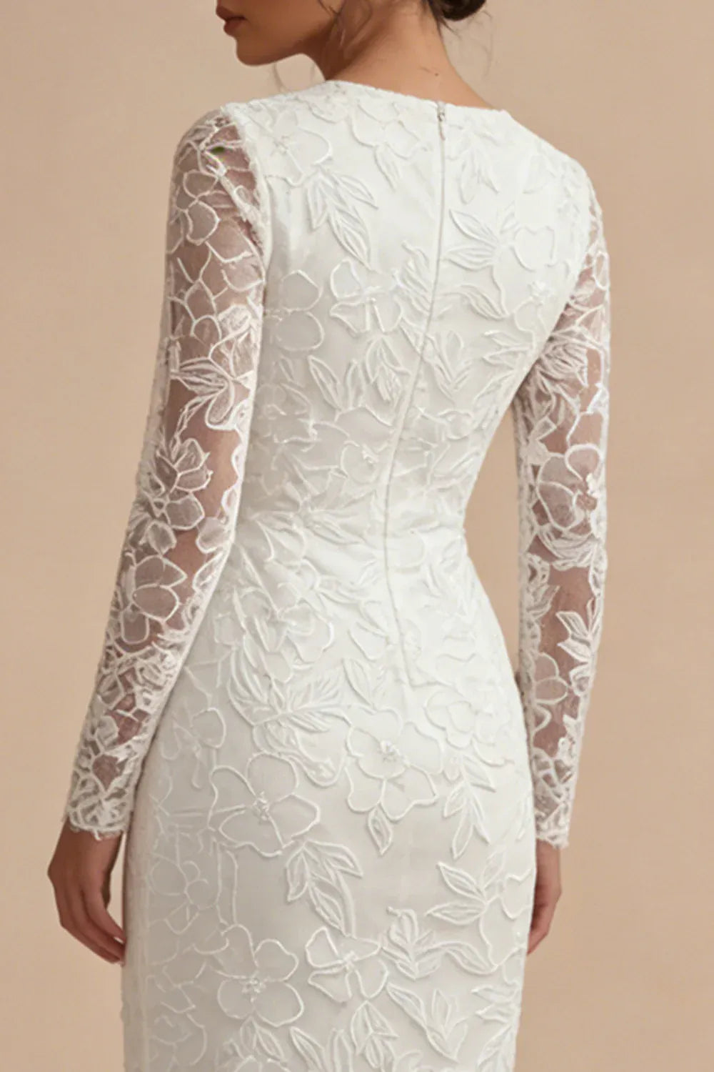 Elegant Square Neck Floral Lace Long Sleeve Midi Sheath Wedding Fitted Dress