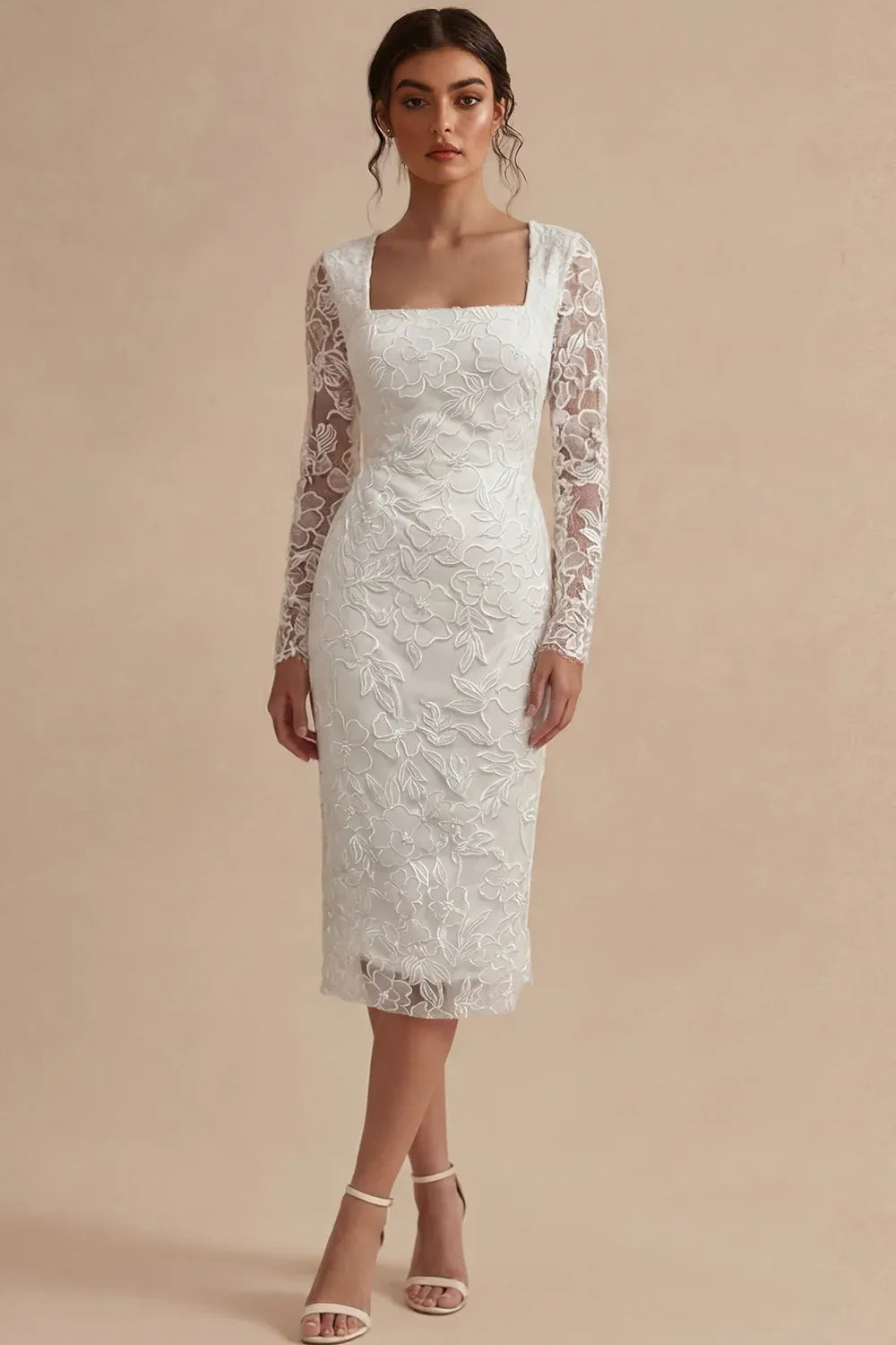 Elegant Square Neck Floral Lace Long Sleeve Midi Sheath Wedding Fitted Dress
