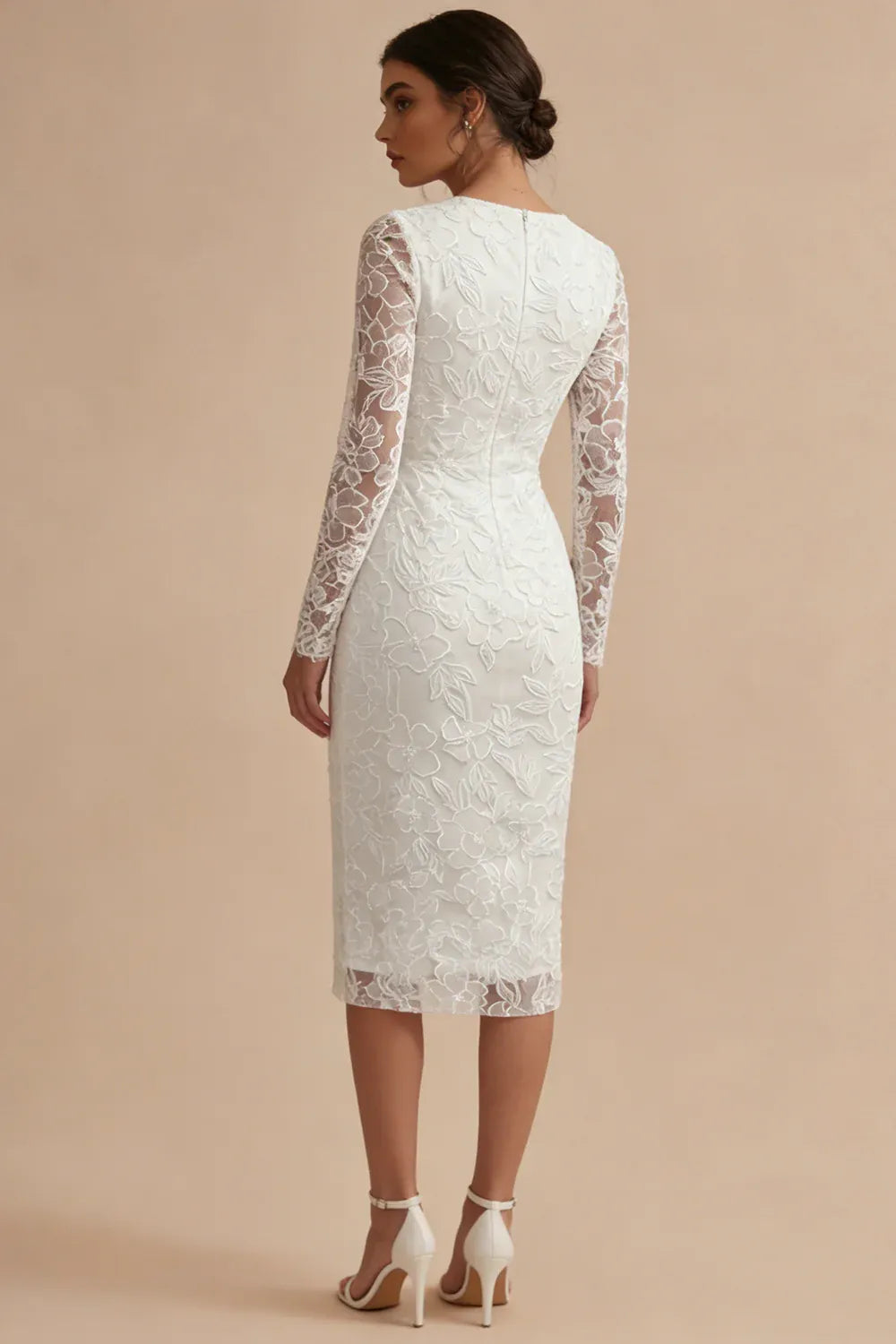 Elegant Square Neck Floral Lace Long Sleeve Midi Sheath Wedding Fitted Dress