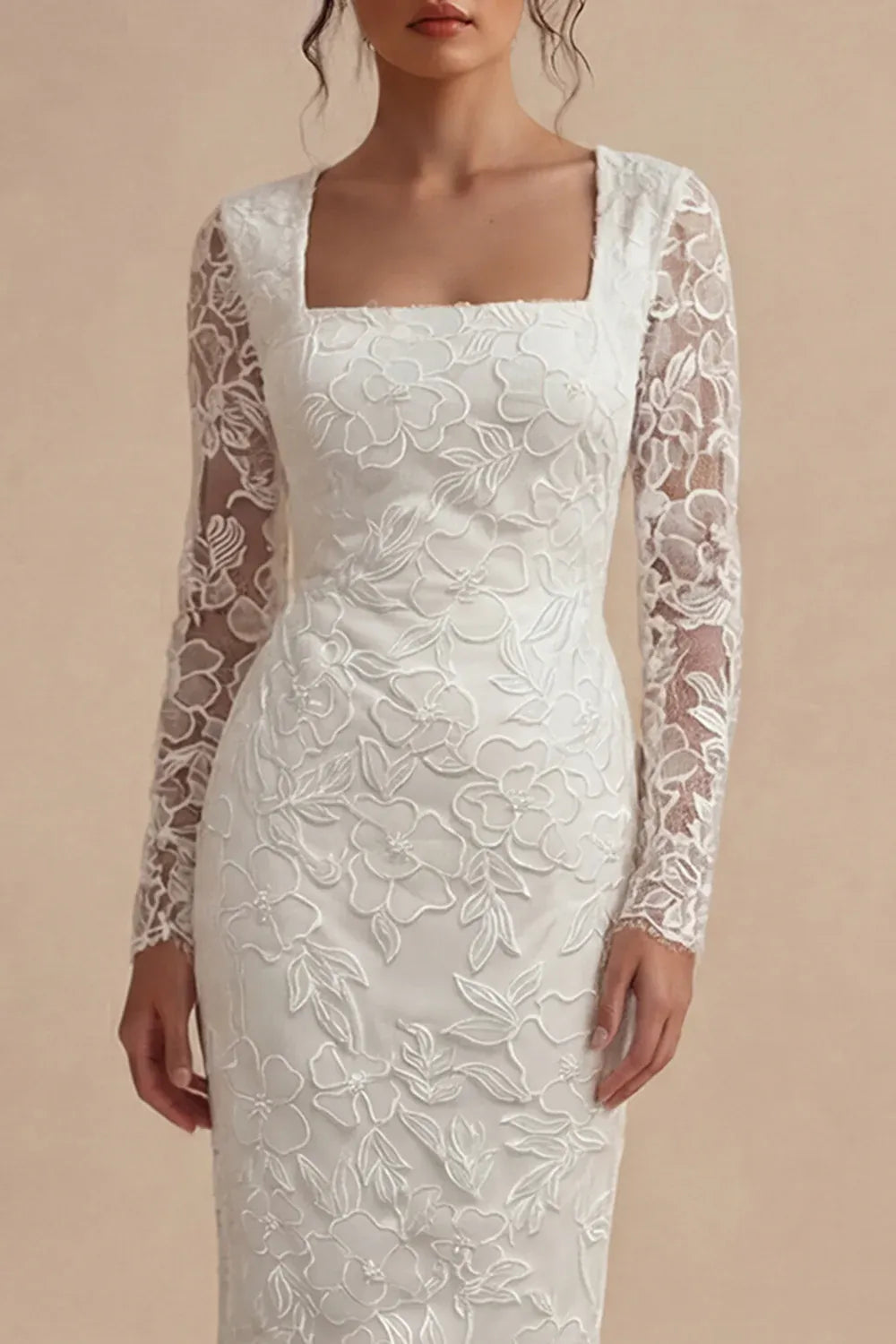 Elegant Square Neck Floral Lace Long Sleeve Midi Sheath Wedding Fitted Dress