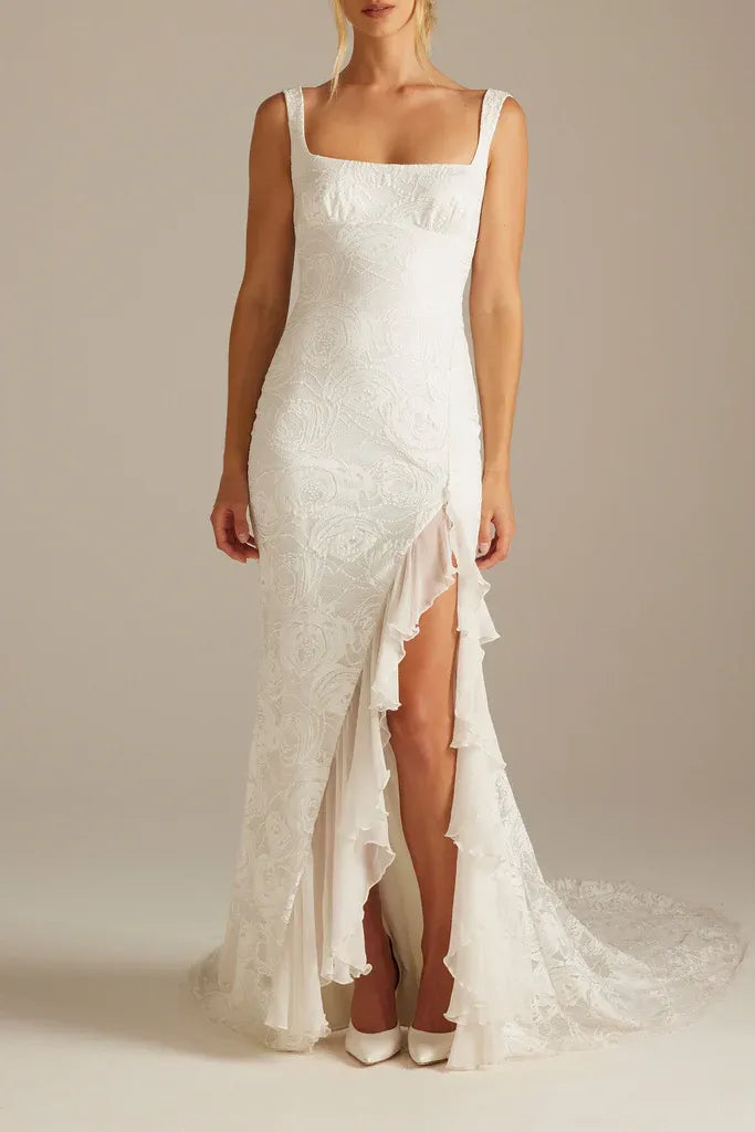 Romantic Modern Square Neck Floral Lace Mermaid Wedding Dress with High Slit & Ruffled Train