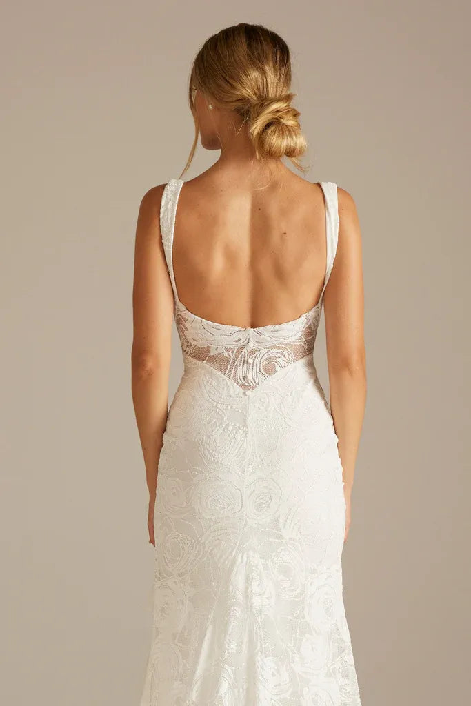 Romantic Modern Square Neck Floral Lace Mermaid Wedding Dress with High Slit & Ruffled Train