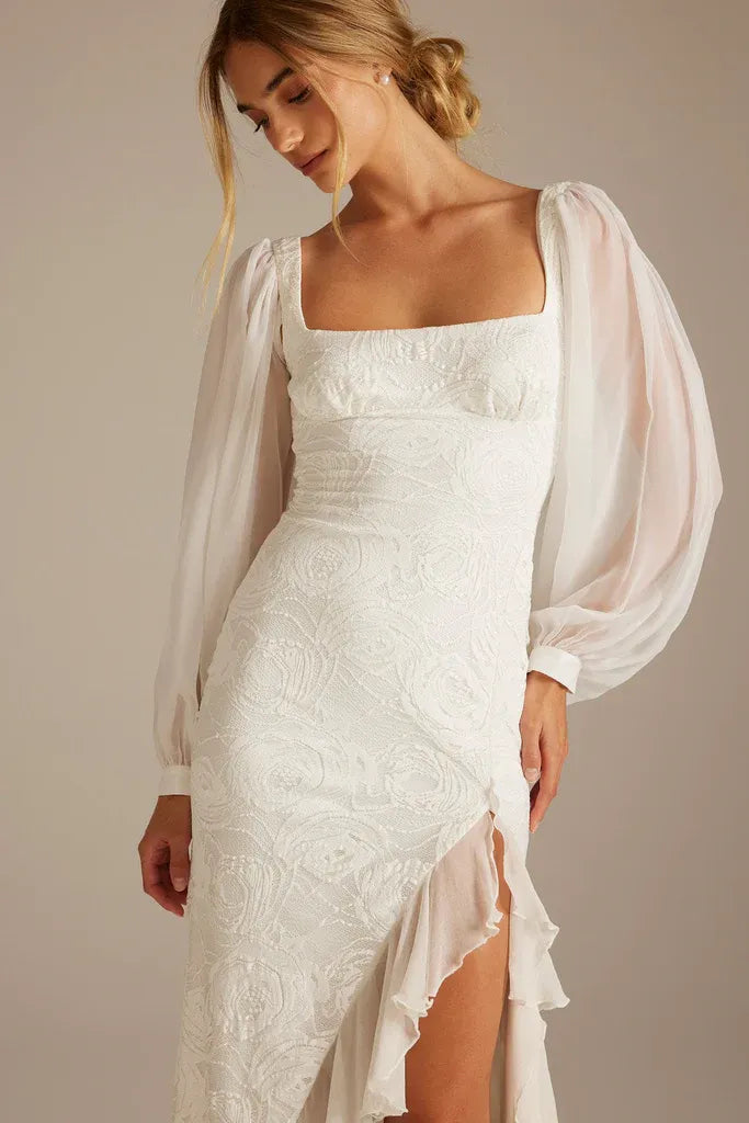 Romantic Modern Square Neck Floral Lace Mermaid Wedding Dress with High Slit & Ruffled Train