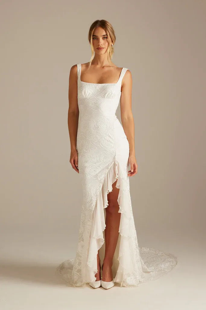 Romantic Modern Square Neck Floral Lace Mermaid Wedding Dress with High Slit & Ruffled Train