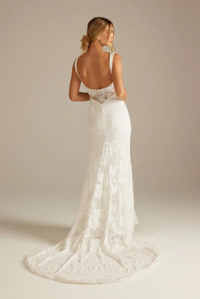 Romantic Modern Square Neck Floral Lace Mermaid Wedding Dress with High Slit & Ruffled Train