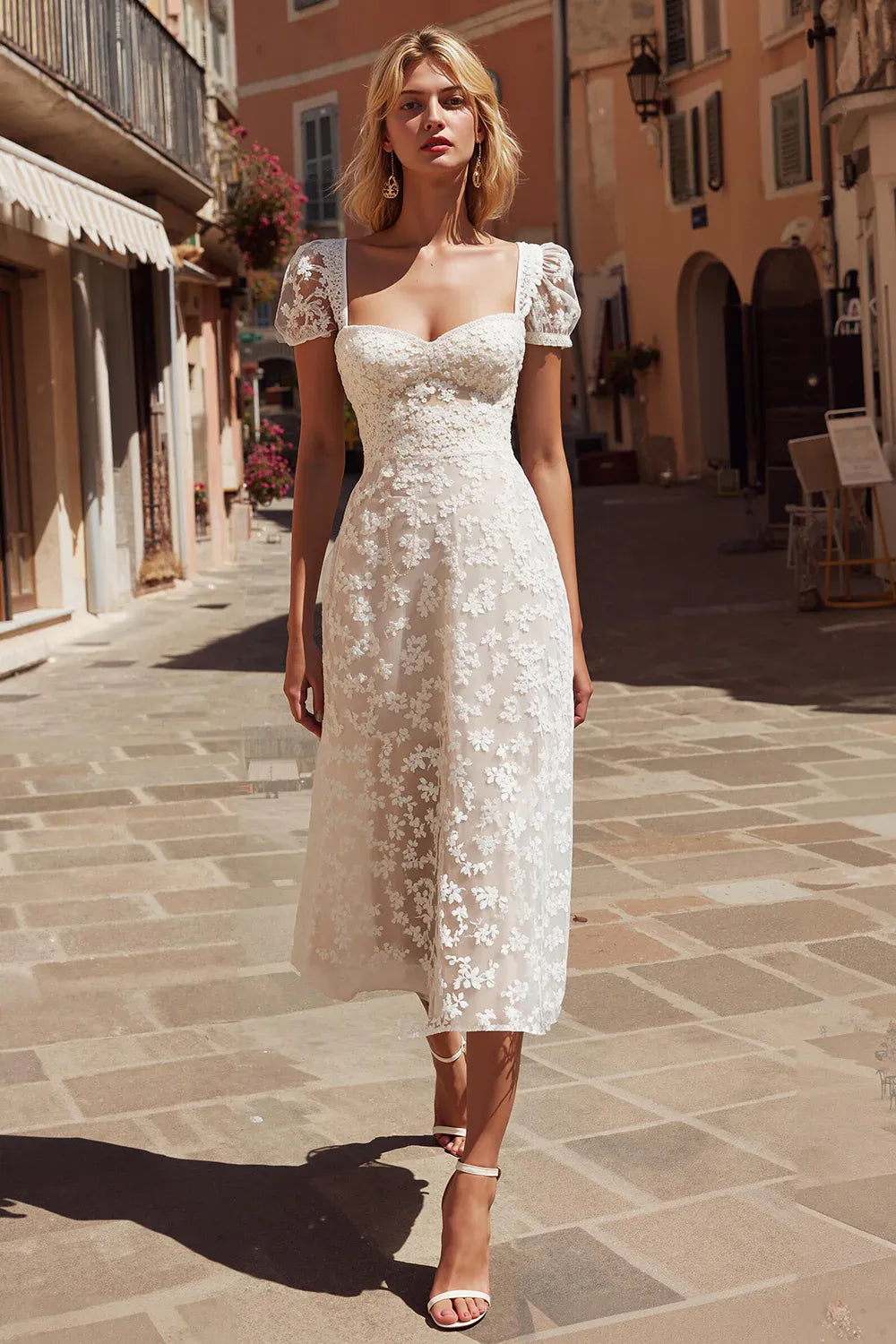 Square Neck Floral Lace Midi Wedding Dress with Puff Sleeves