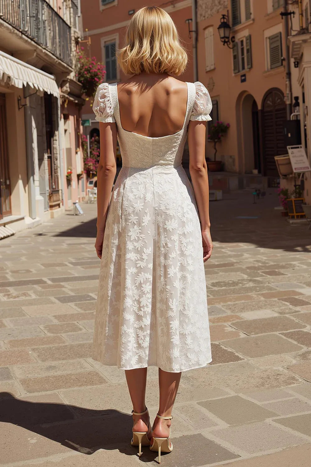 Square Neck Floral Lace Midi Wedding Dress with Puff Sleeves
