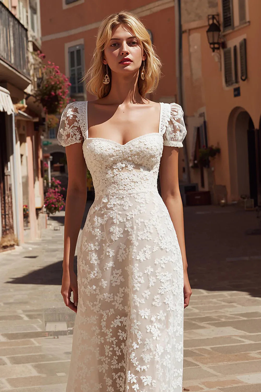 Square Neck Floral Lace Midi Wedding Dress with Puff Sleeves