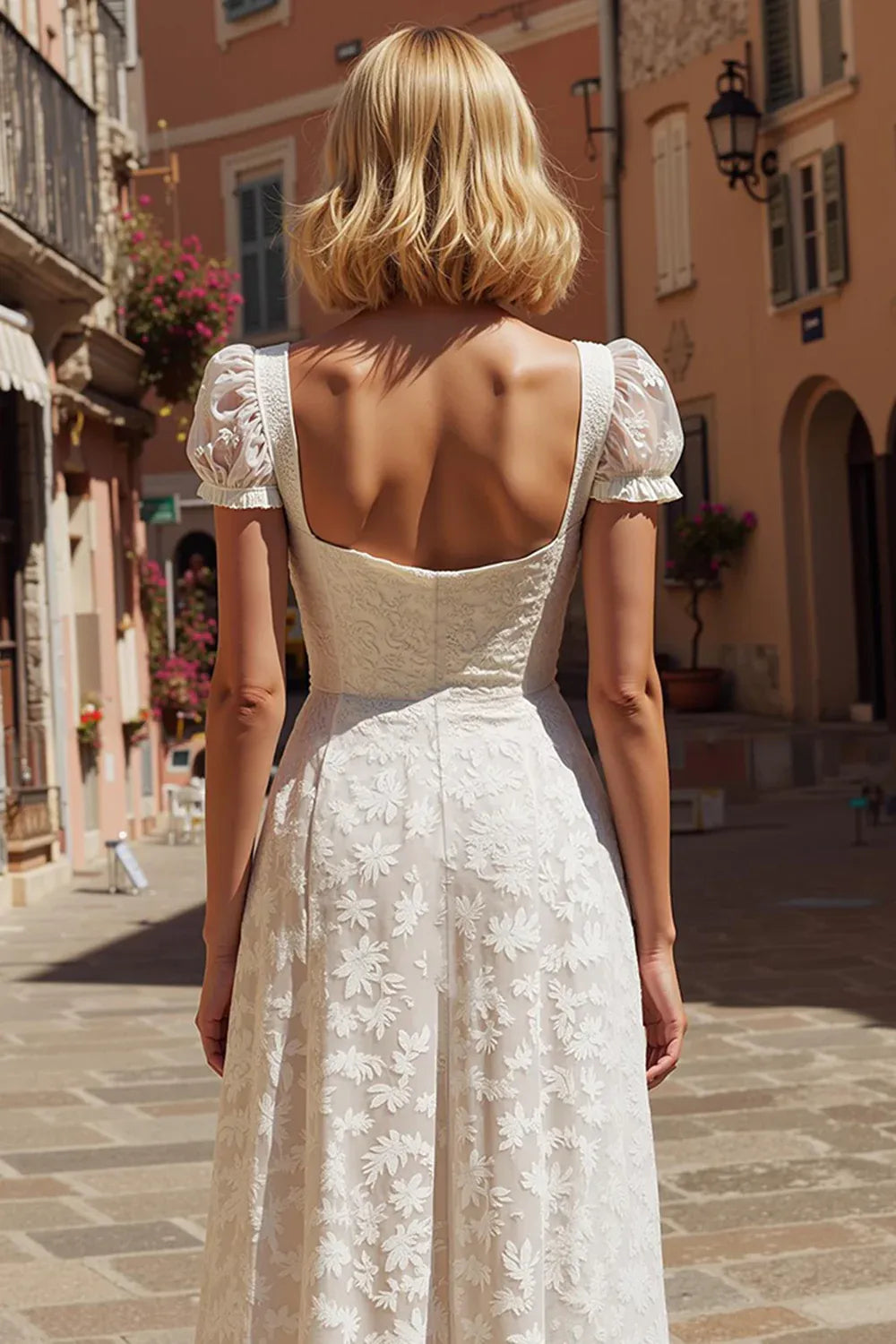 Square Neck Floral Lace Midi Wedding Dress with Puff Sleeves
