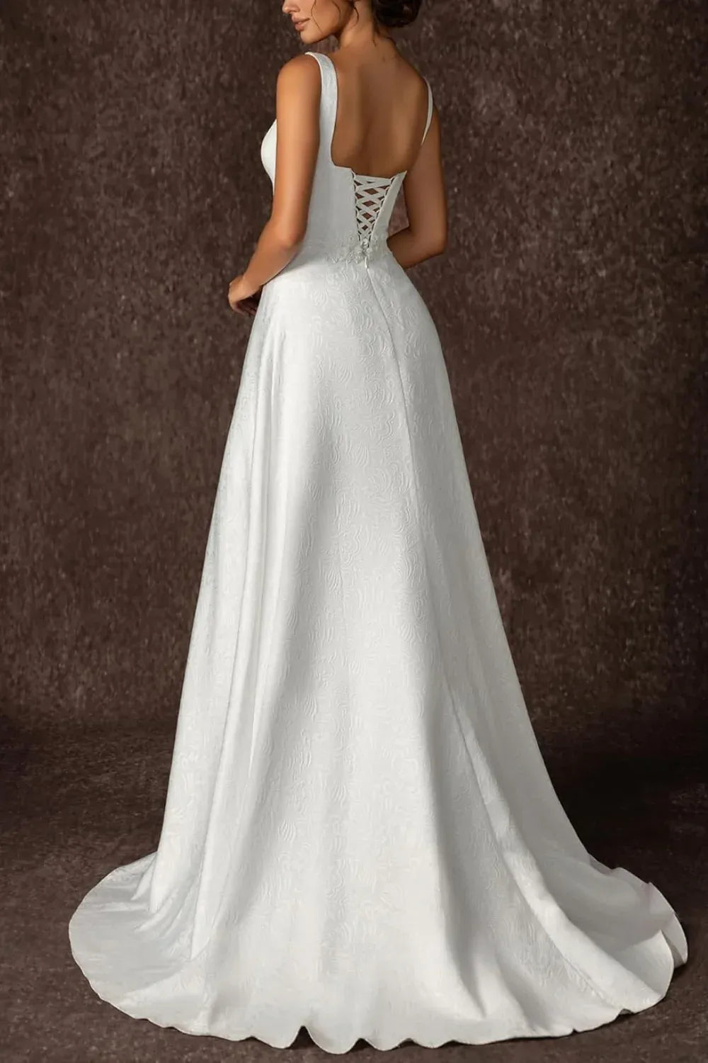 Square Neck Jacquard A-Line Wedding Dress with Corset Back & Lace Waistband - Classic Bridal Gown