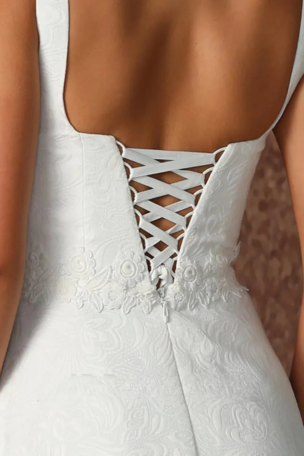 Square Neck Jacquard A-Line Wedding Dress with Corset Back & Lace Waistband - Classic Bridal Gown