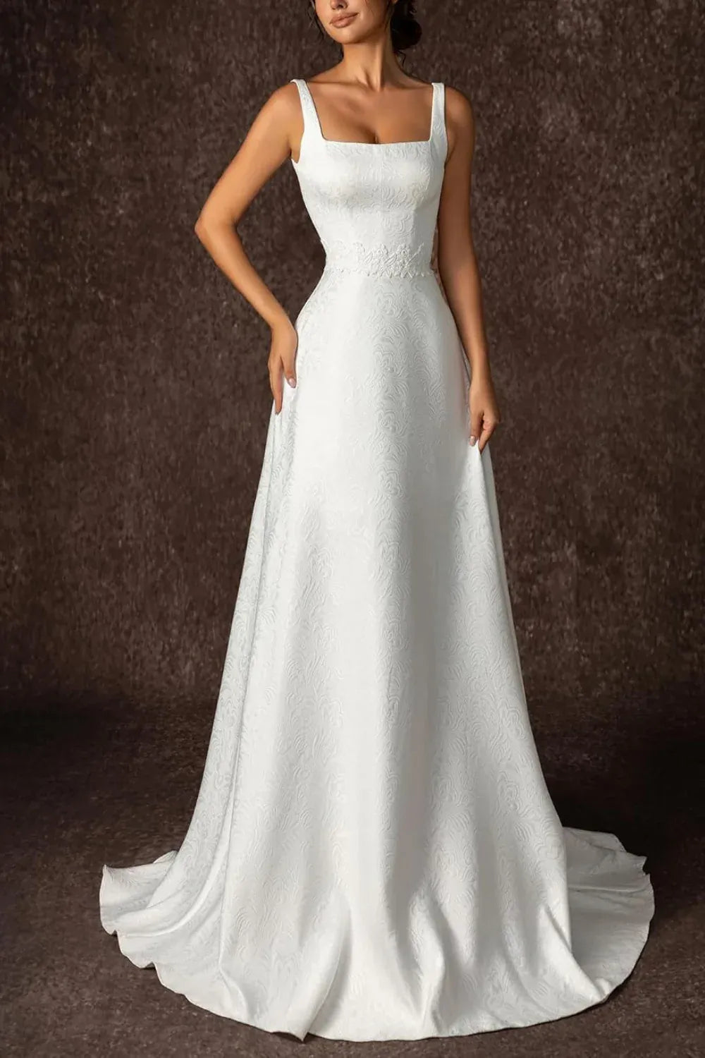 Square Neck Jacquard A-Line Wedding Dress with Corset Back & Lace Waistband - Classic Bridal Gown