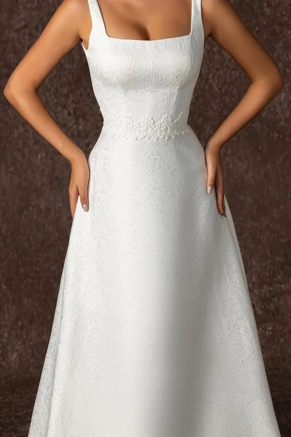 Square Neck Jacquard A-Line Wedding Dress with Corset Back & Lace Waistband - Classic Bridal Gown