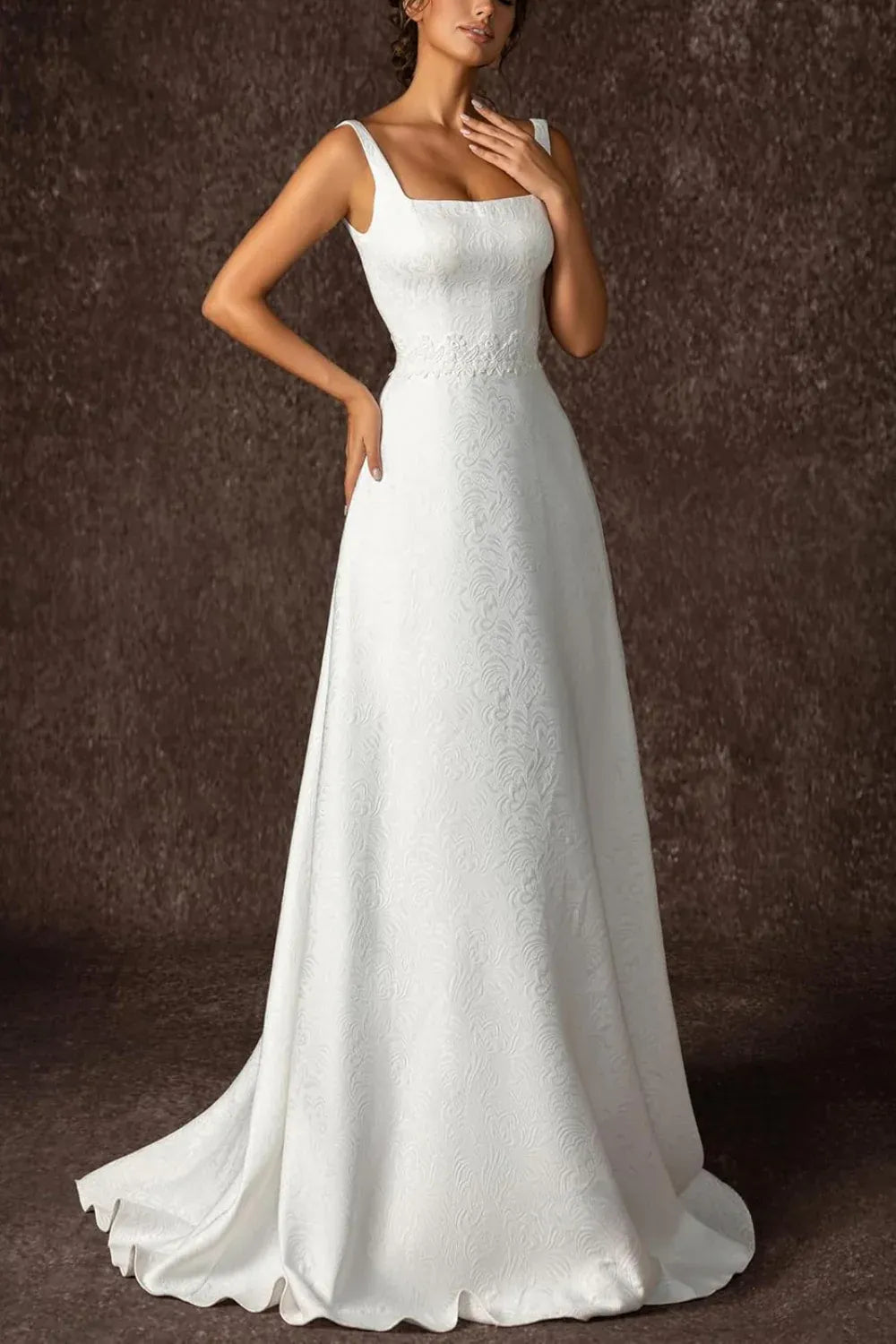Square Neck Jacquard A-Line Wedding Dress with Corset Back & Lace Waistband - Classic Bridal Gown