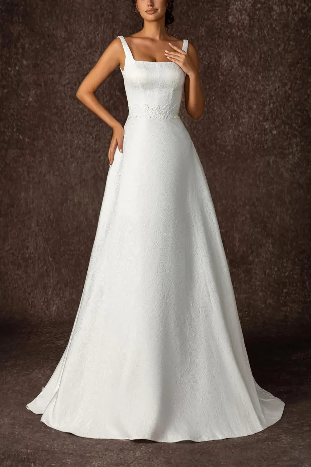Square Neck Jacquard A-Line Wedding Dress with Corset Back & Lace Waistband - Classic Bridal Gown