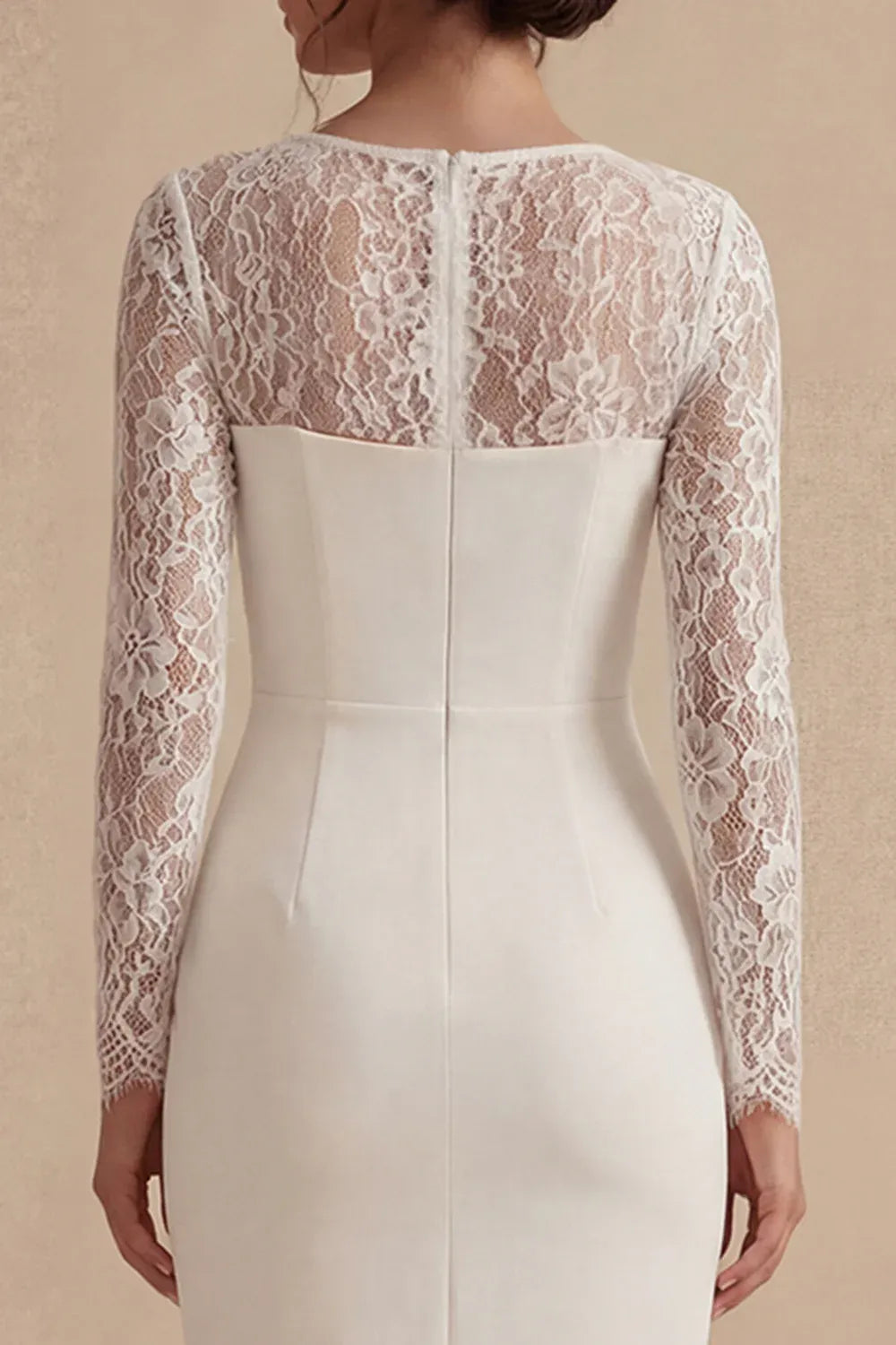 Modern Square Neck Lace Long Sleeve Sheath Midi Wedding Dress