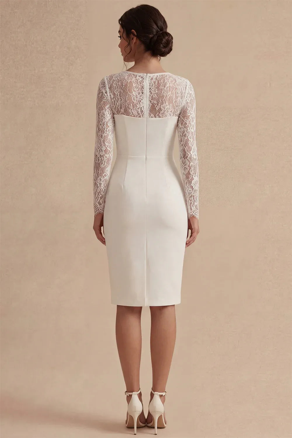 Modern Square Neck Lace Long Sleeve Sheath Midi Wedding Dress