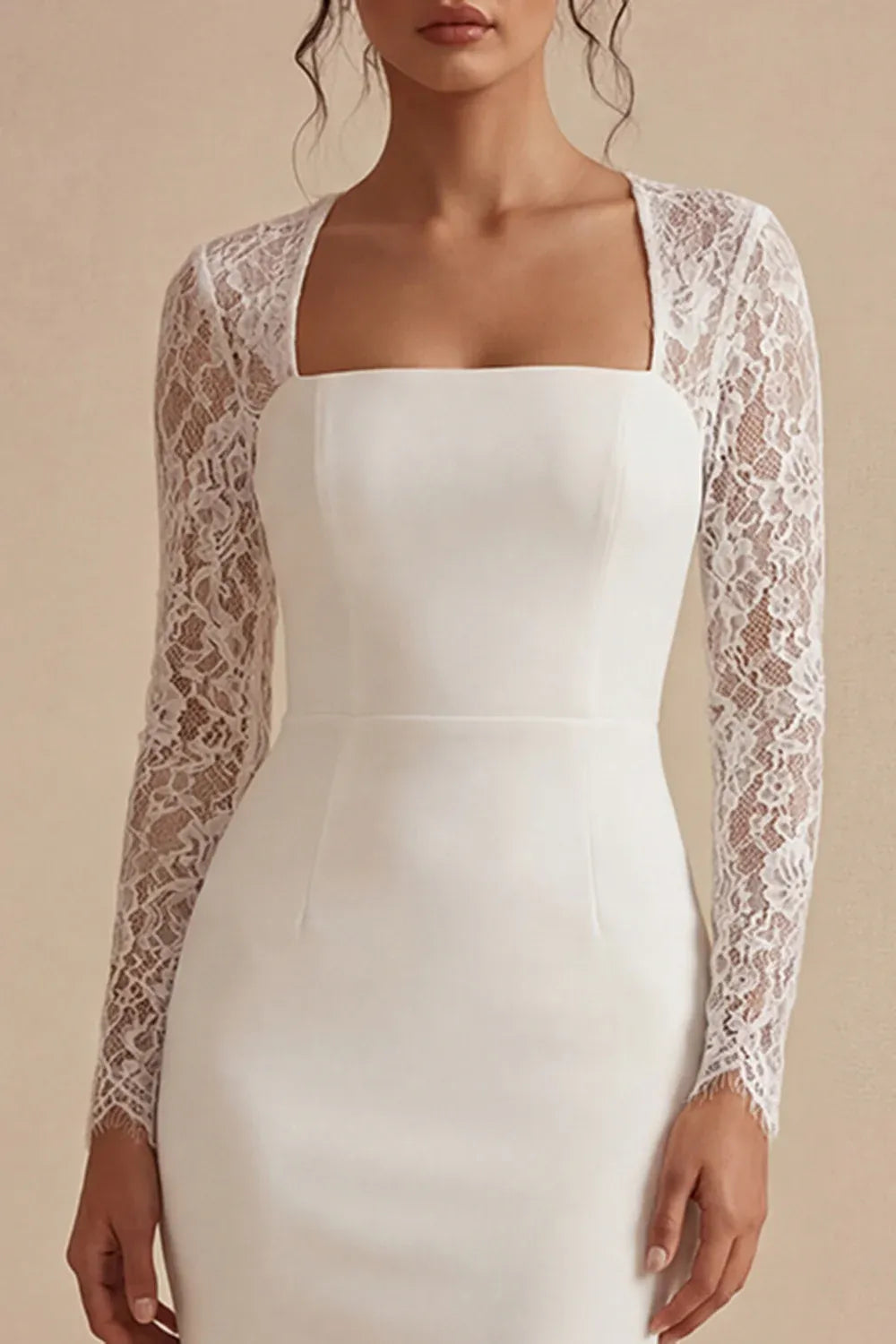 Modern Square Neck Lace Long Sleeve Sheath Midi Wedding Dress