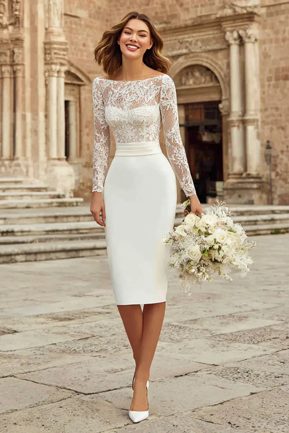 Square Neck Lace Midi Wedding Dress with Wide Straps - Modern City Bridal Gown
