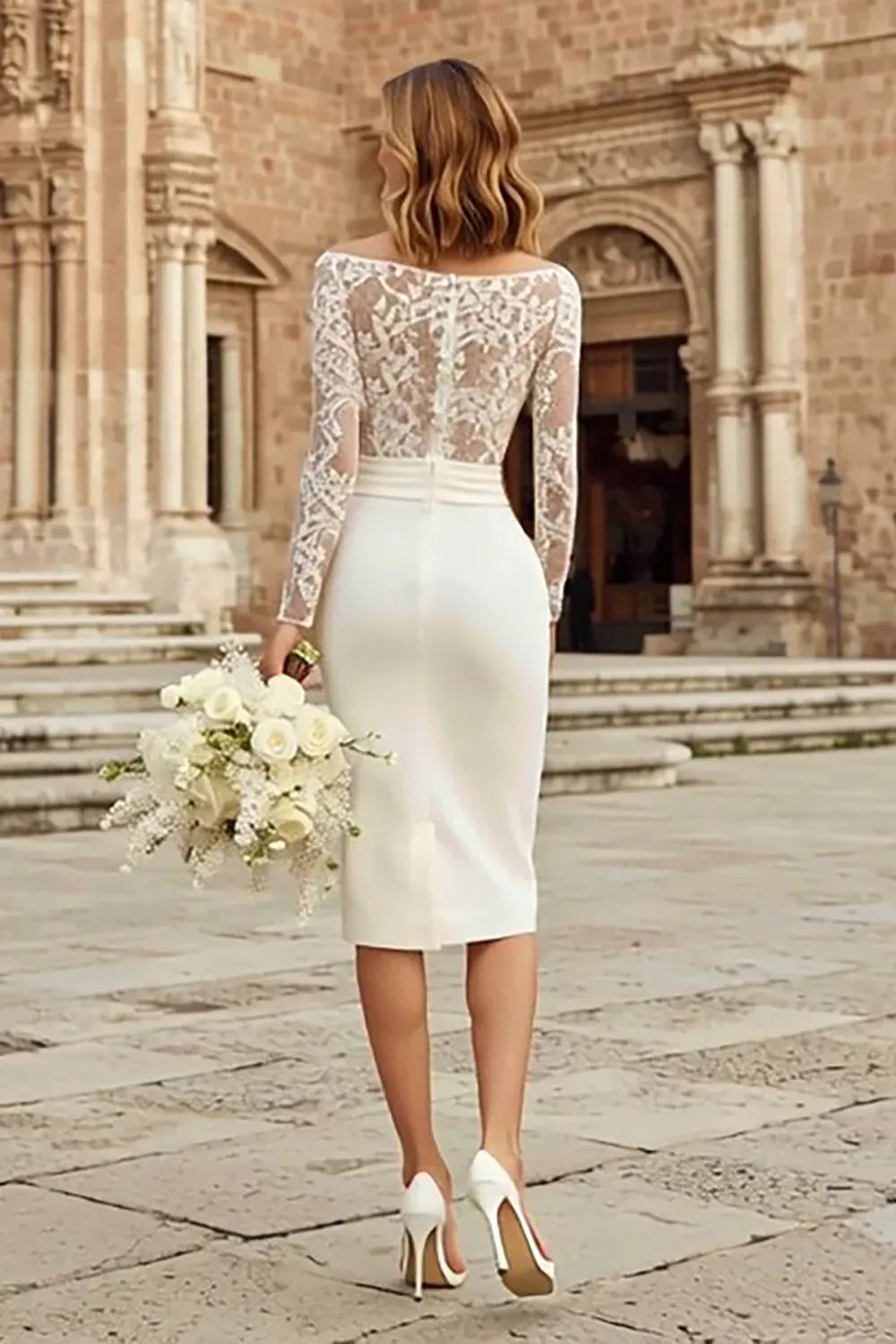 Square Neck Lace Midi Wedding Dress with Wide Straps - Modern City Bridal Gown