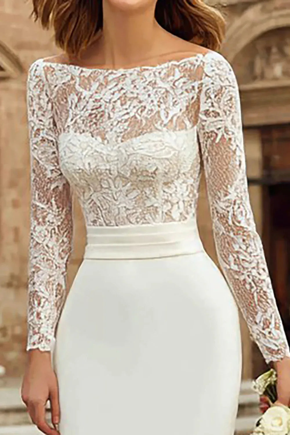 Square Neck Lace Midi Wedding Dress with Wide Straps - Modern City Bridal Gown