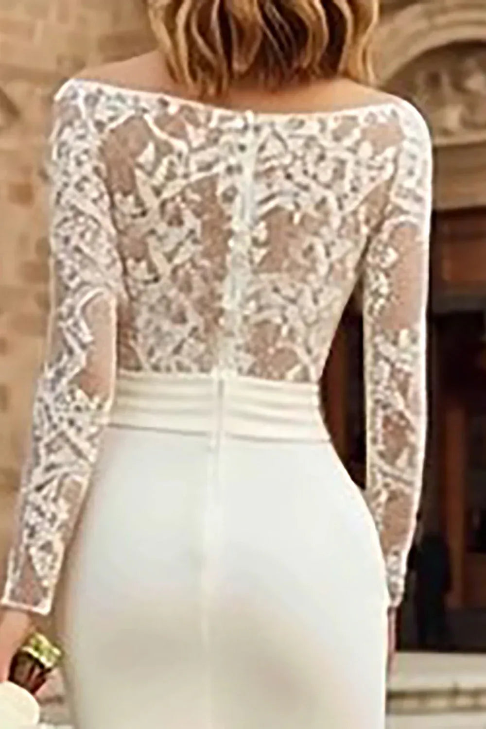 Square Neck Lace Midi Wedding Dress with Wide Straps - Modern City Bridal Gown