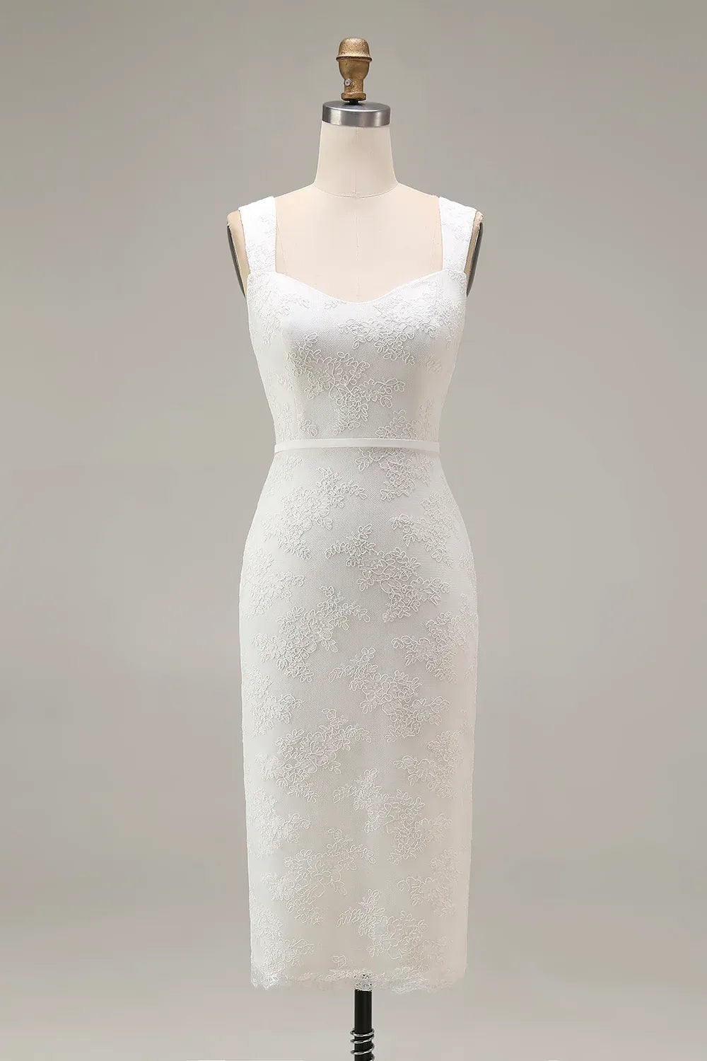 Square Neck Lace Midi Wedding Dress with Wide Straps - Modern City Bridal Gown