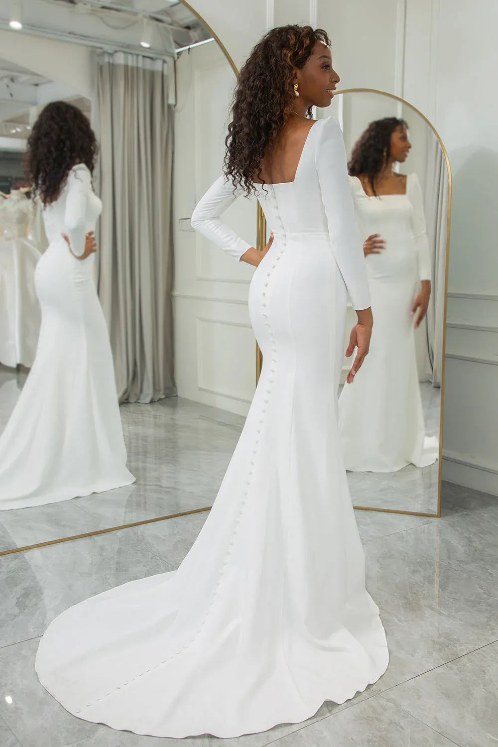 Square Neck Long Sleeve Crepe Mermaid Wedding Dress with Buttons - Minimalist Bridal Gown
