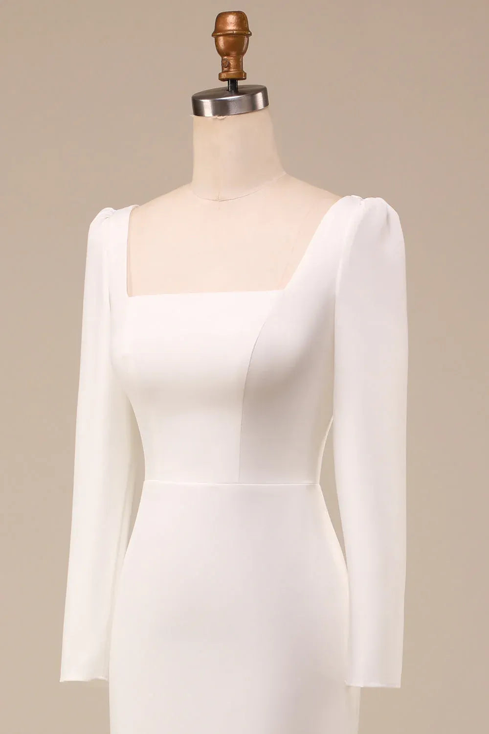 Square Neck Long Sleeve Crepe Mermaid Wedding Dress with Buttons - Minimalist Bridal Gown