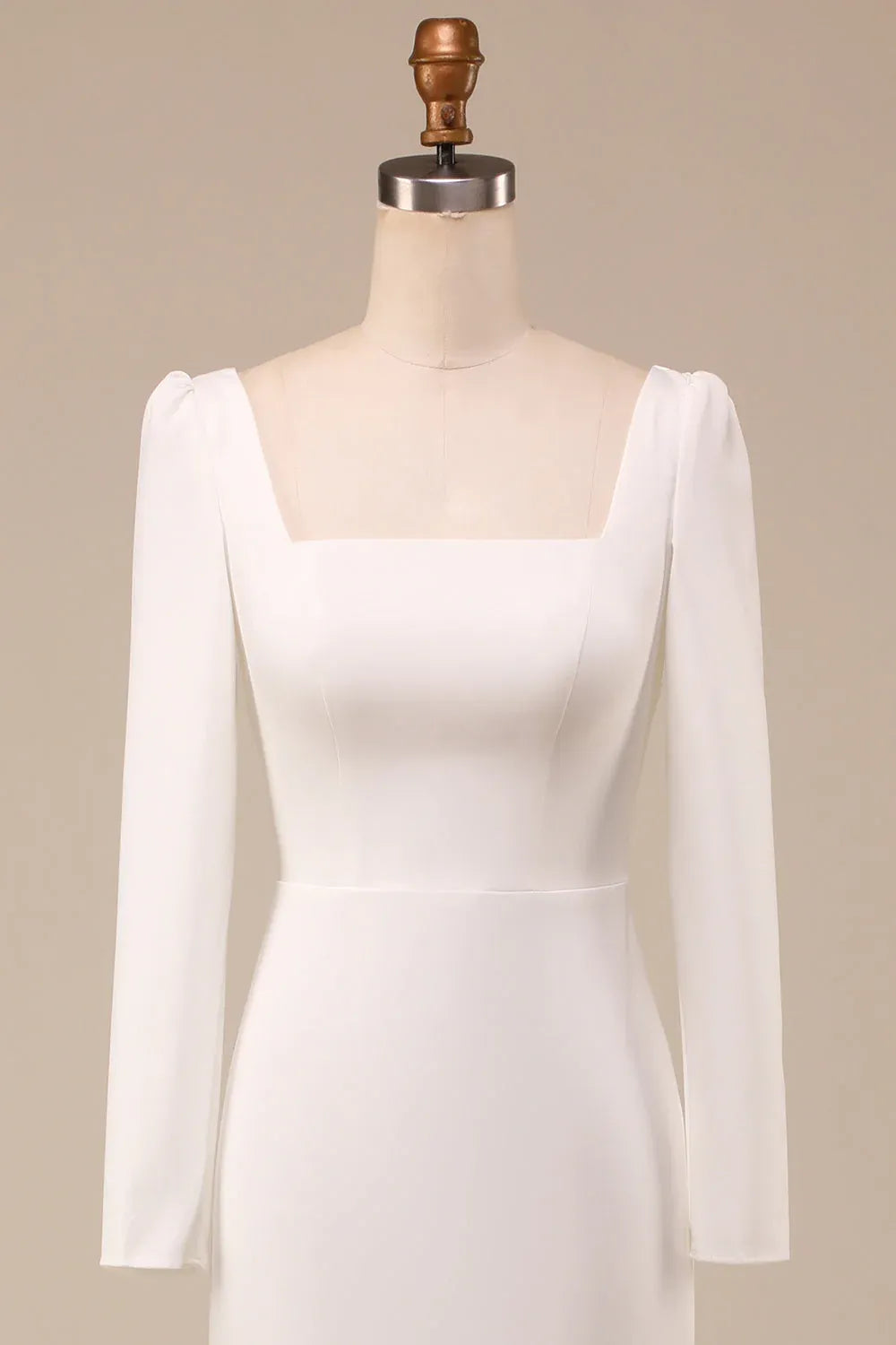 Square Neck Long Sleeve Crepe Mermaid Wedding Dress with Buttons - Minimalist Bridal Gown