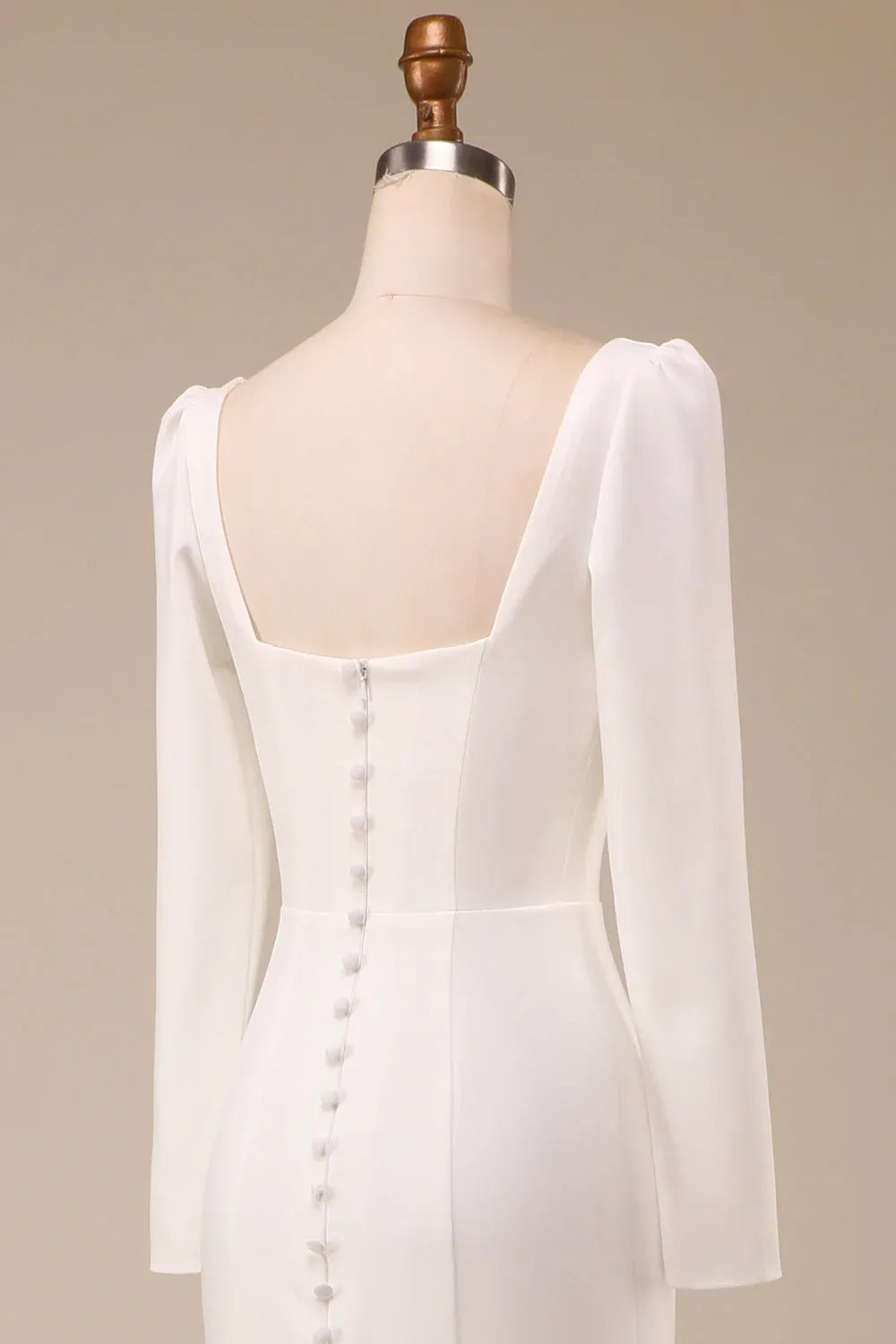 Square Neck Long Sleeve Crepe Mermaid Wedding Dress with Buttons - Minimalist Bridal Gown