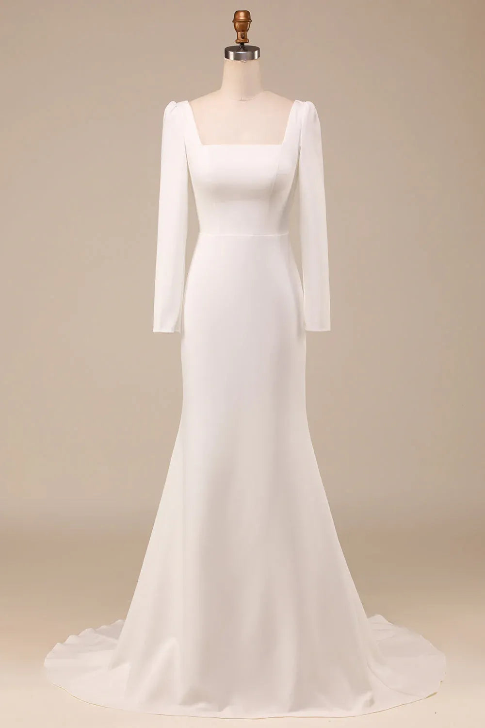 Square Neck Long Sleeve Crepe Mermaid Wedding Dress with Buttons - Minimalist Bridal Gown