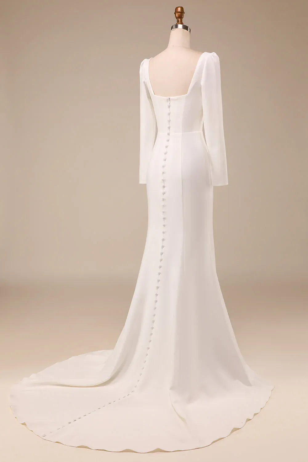 Square Neck Long Sleeve Crepe Mermaid Wedding Dress with Buttons - Minimalist Bridal Gown