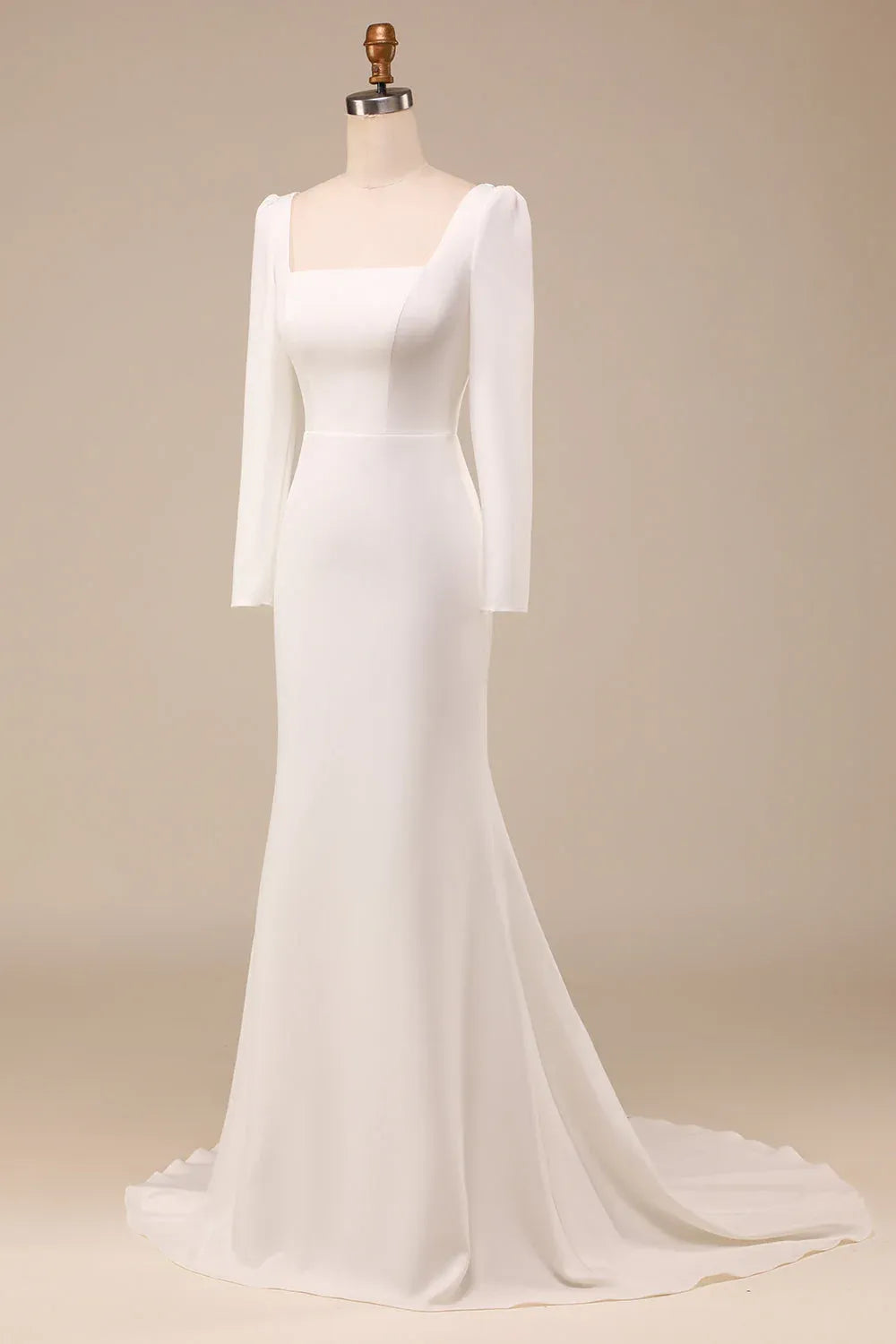 Square Neck Long Sleeve Crepe Mermaid Wedding Dress with Buttons - Minimalist Bridal Gown