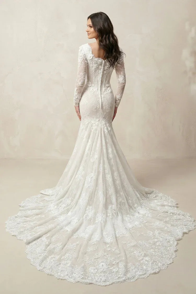 Square Neck Long Sleeve Lace Mermaid Structured Corset Bodice Wedding Dress with Corset Bodice