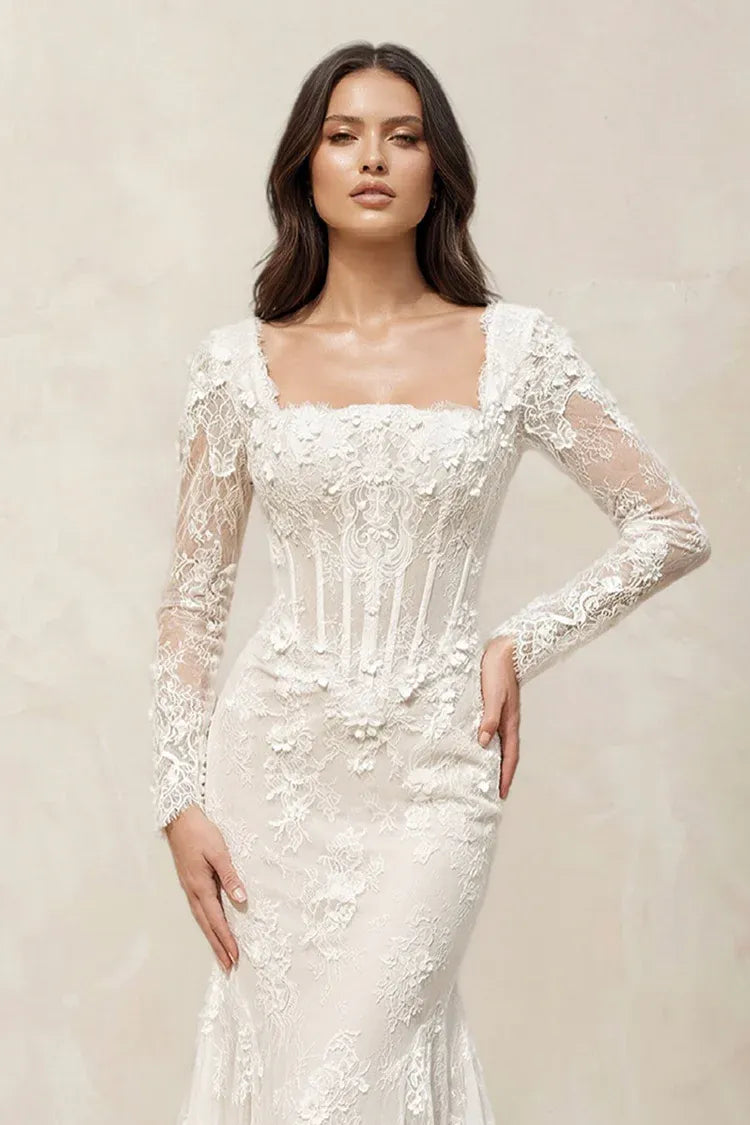 Square Neck Long Sleeve Lace Mermaid Structured Corset Bodice Wedding Dress with Corset Bodice