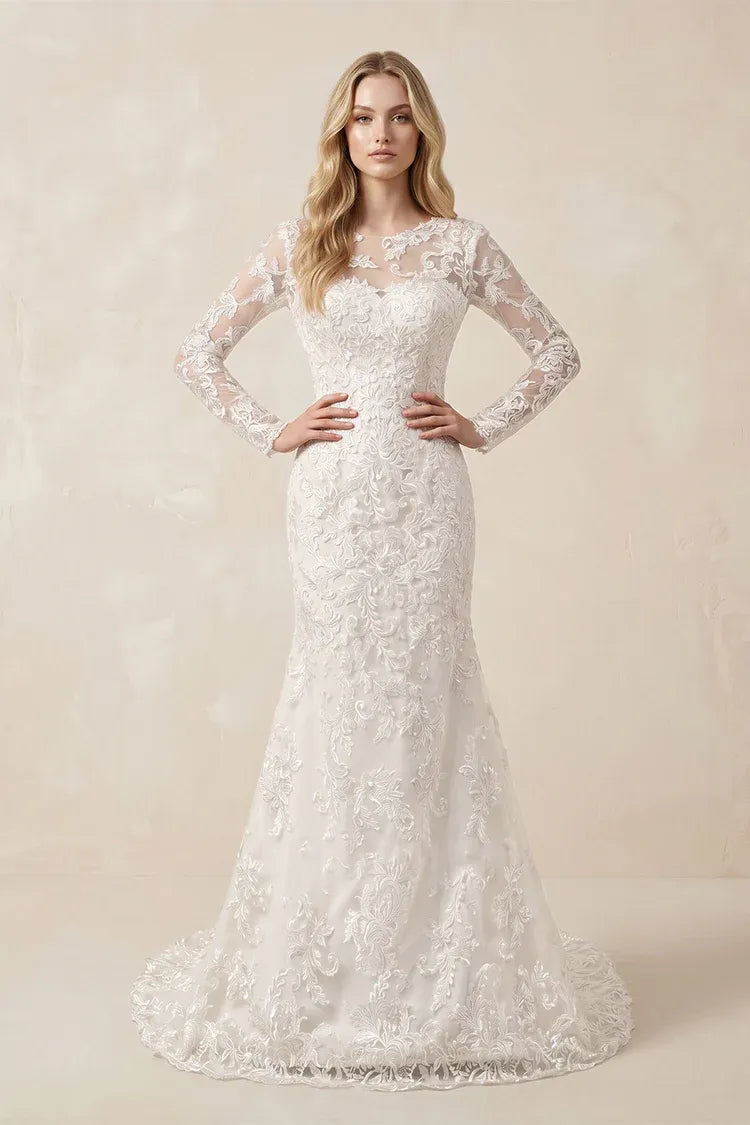 Square Neck Long Sleeve Lace Mermaid Structured Corset Bodice Wedding Dress with Corset Bodice