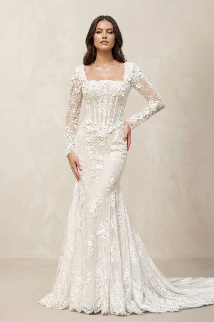 Square Neck Long Sleeve Lace Mermaid Structured Corset Bodice Wedding Dress with Corset Bodice