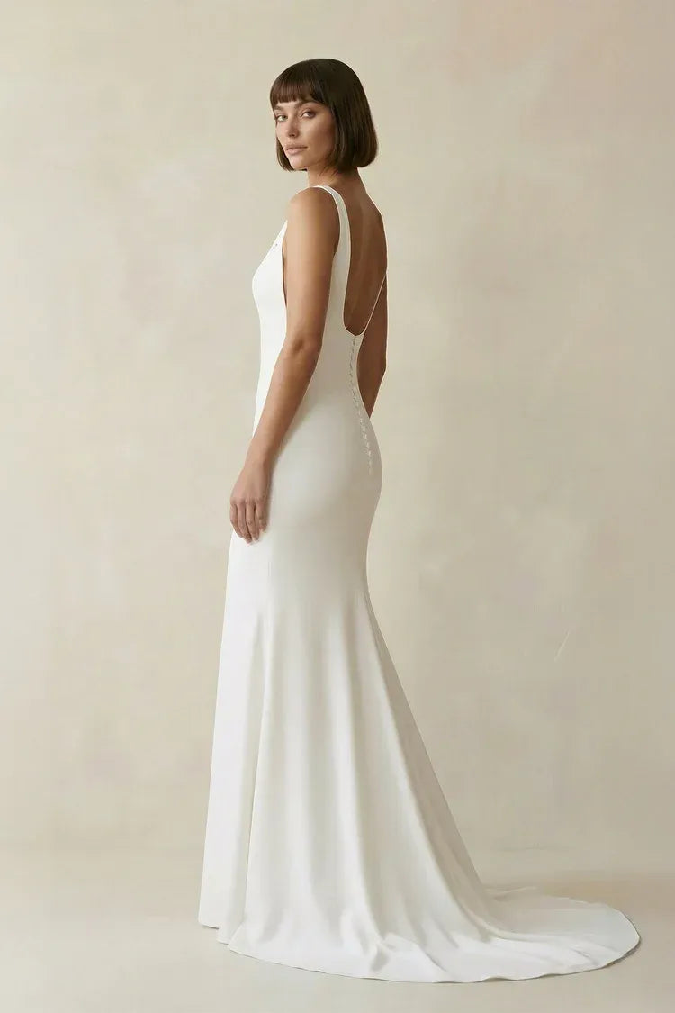 Square Neck Low Back Crepe Mermaid Wedding Dress with Buttons