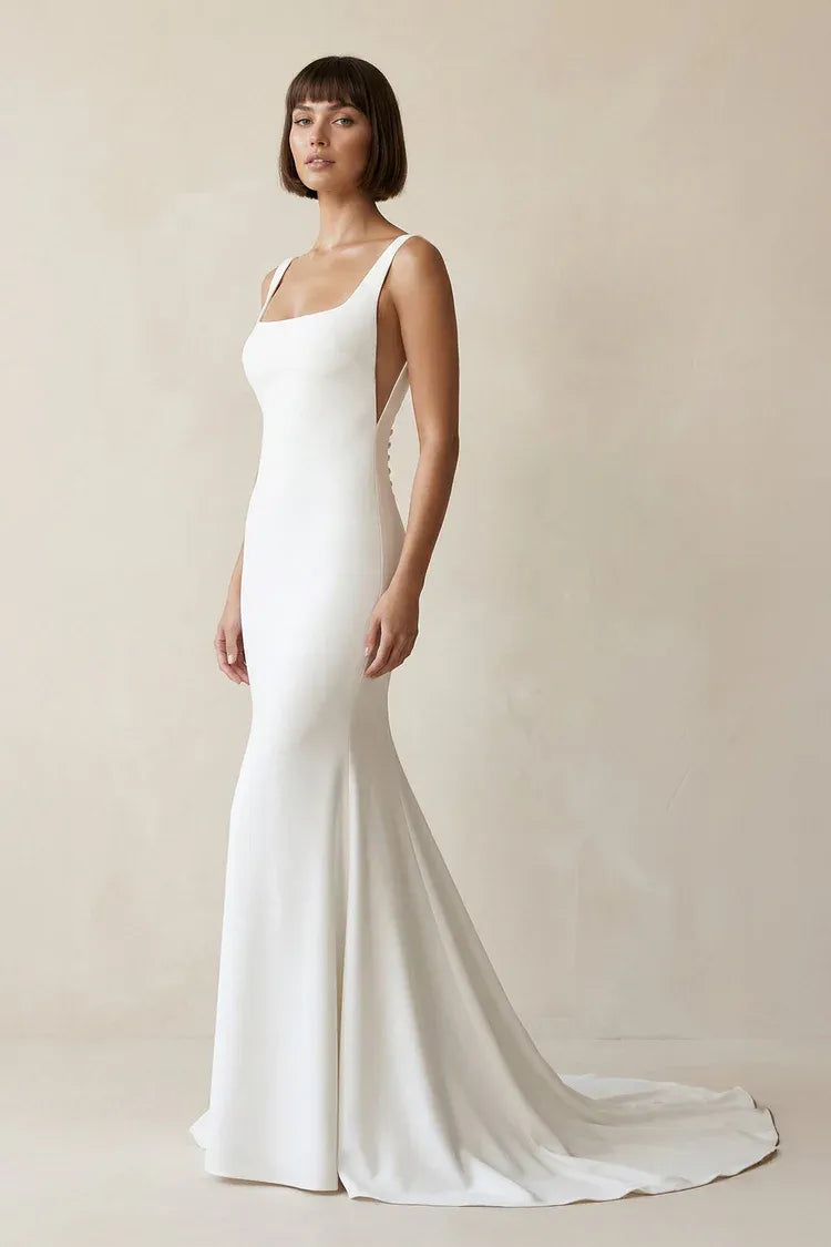 Square Neck Low Back Crepe Mermaid Wedding Dress with Buttons