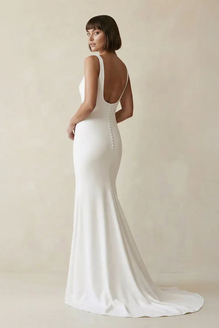 Square Neck Low Back Crepe Mermaid Wedding Dress with Buttons