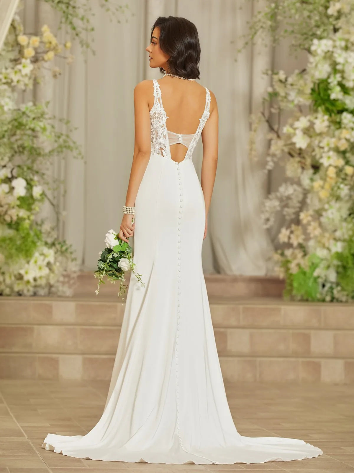 Square Neck Mermaid Wedding Dress with Lace Back & Slit - Modern Minimalist Bridal Gown