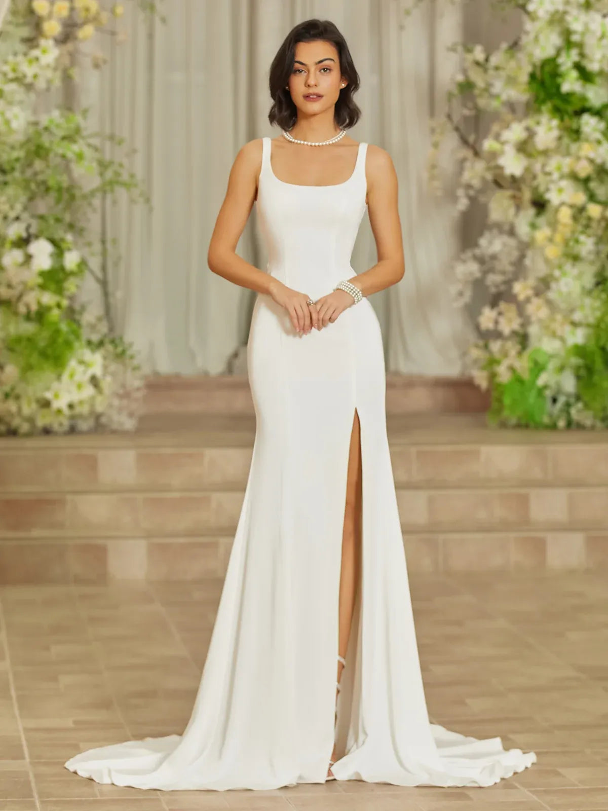 Square Neck Mermaid Wedding Dress with Lace Back & Slit - Modern Minimalist Bridal Gown