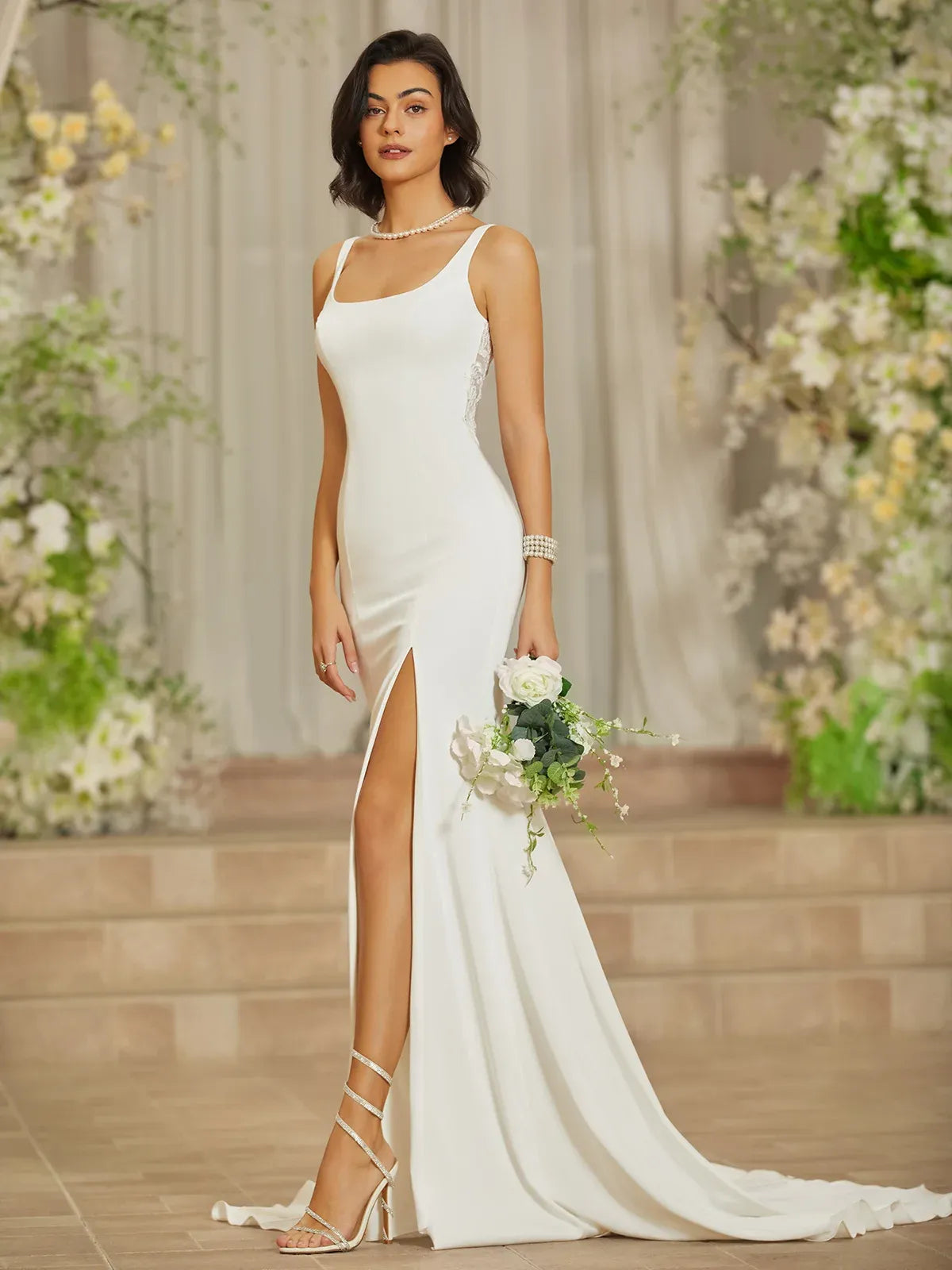 Square Neck Mermaid Wedding Dress with Lace Back & Slit - Modern Minimalist Bridal Gown