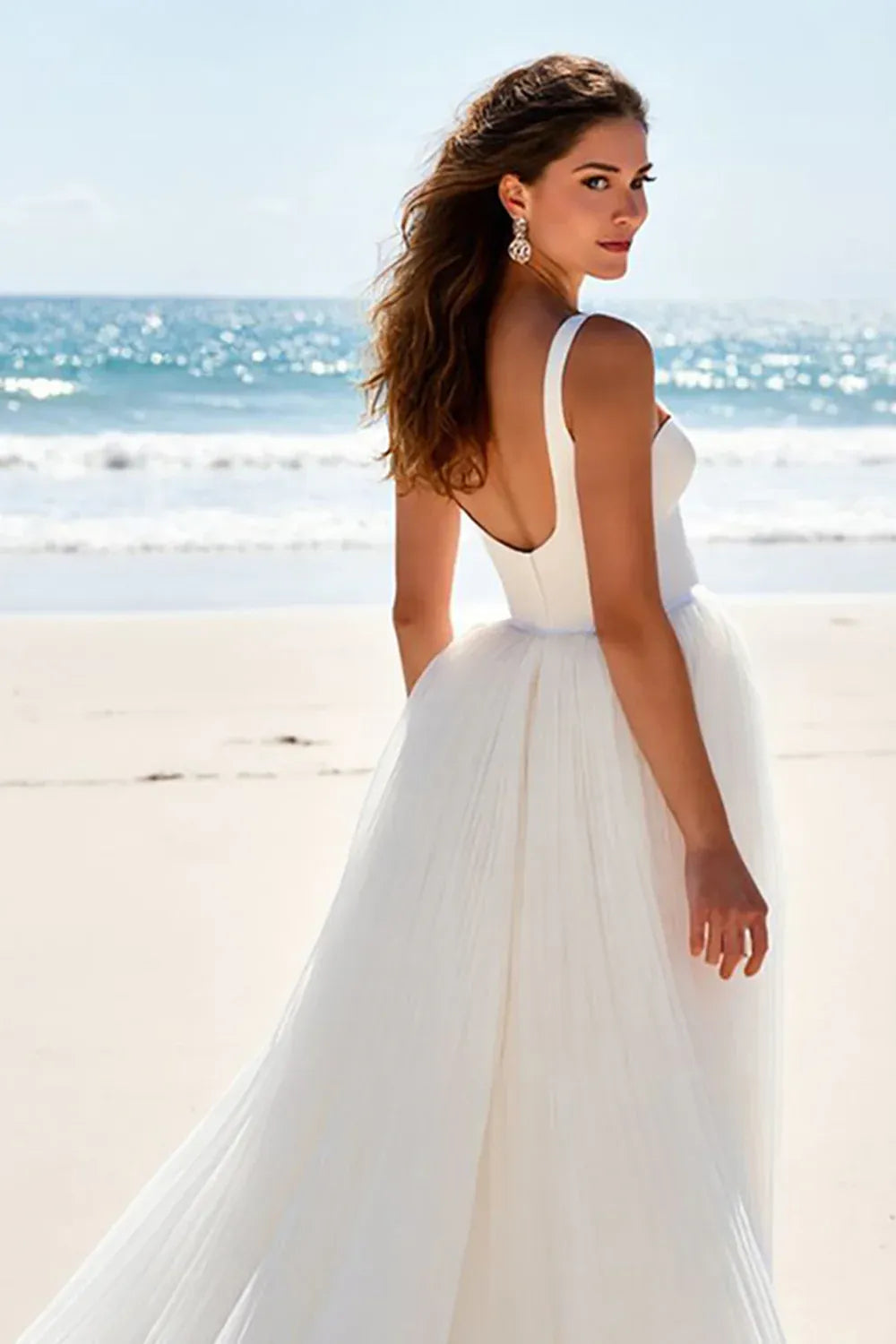 Square Neck Pleated Chiffon A-Line Wedding Dress with Low Back - Modern Beach Bridal Gown