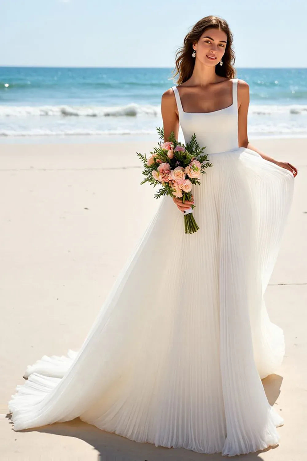 Square Neck Pleated Chiffon A-Line Wedding Dress with Low Back - Modern Beach Bridal Gown