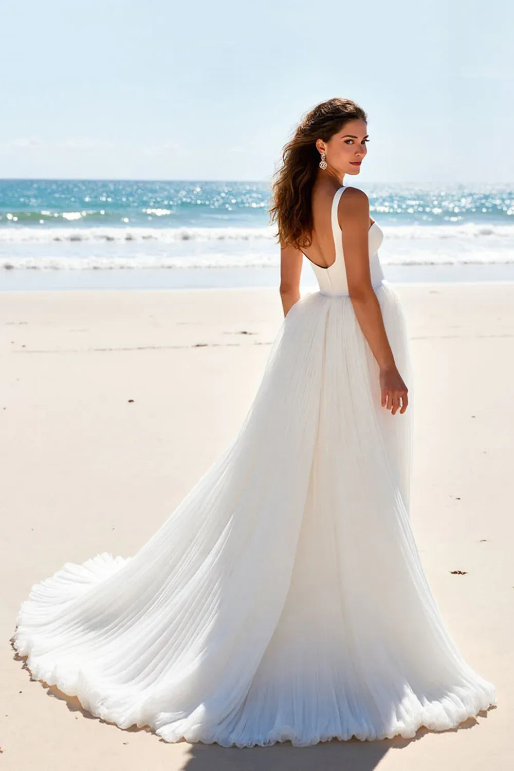 Square Neck Pleated Chiffon A-Line Wedding Dress with Low Back - Modern Beach Bridal Gown