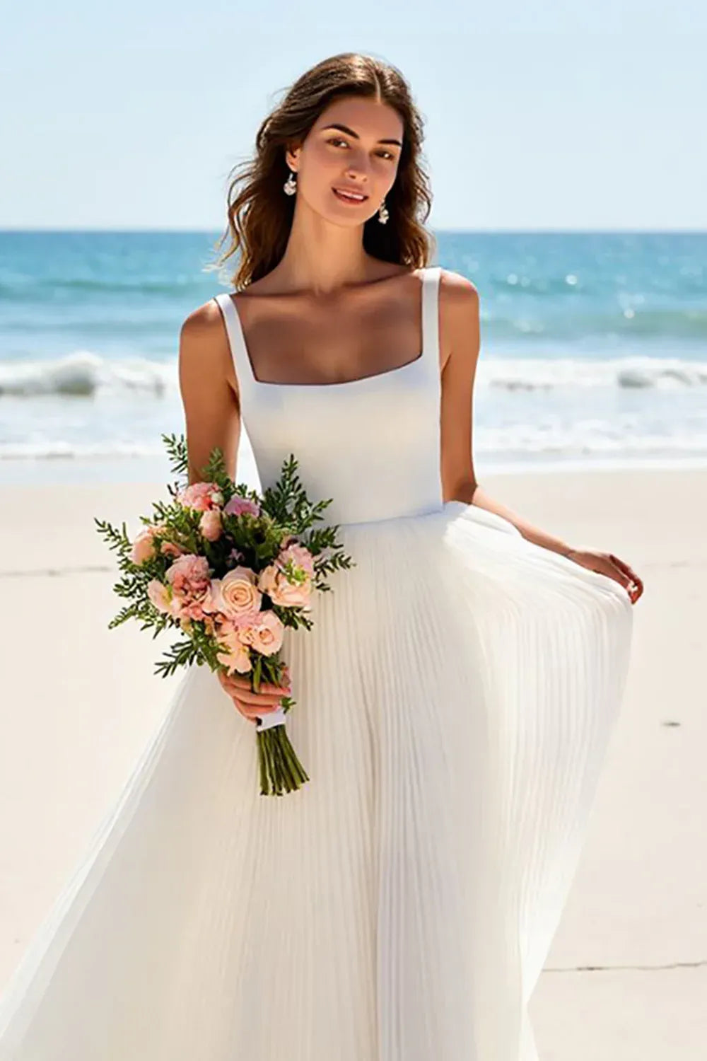 Square Neck Pleated Chiffon A-Line Wedding Dress with Low Back - Modern Beach Bridal Gown
