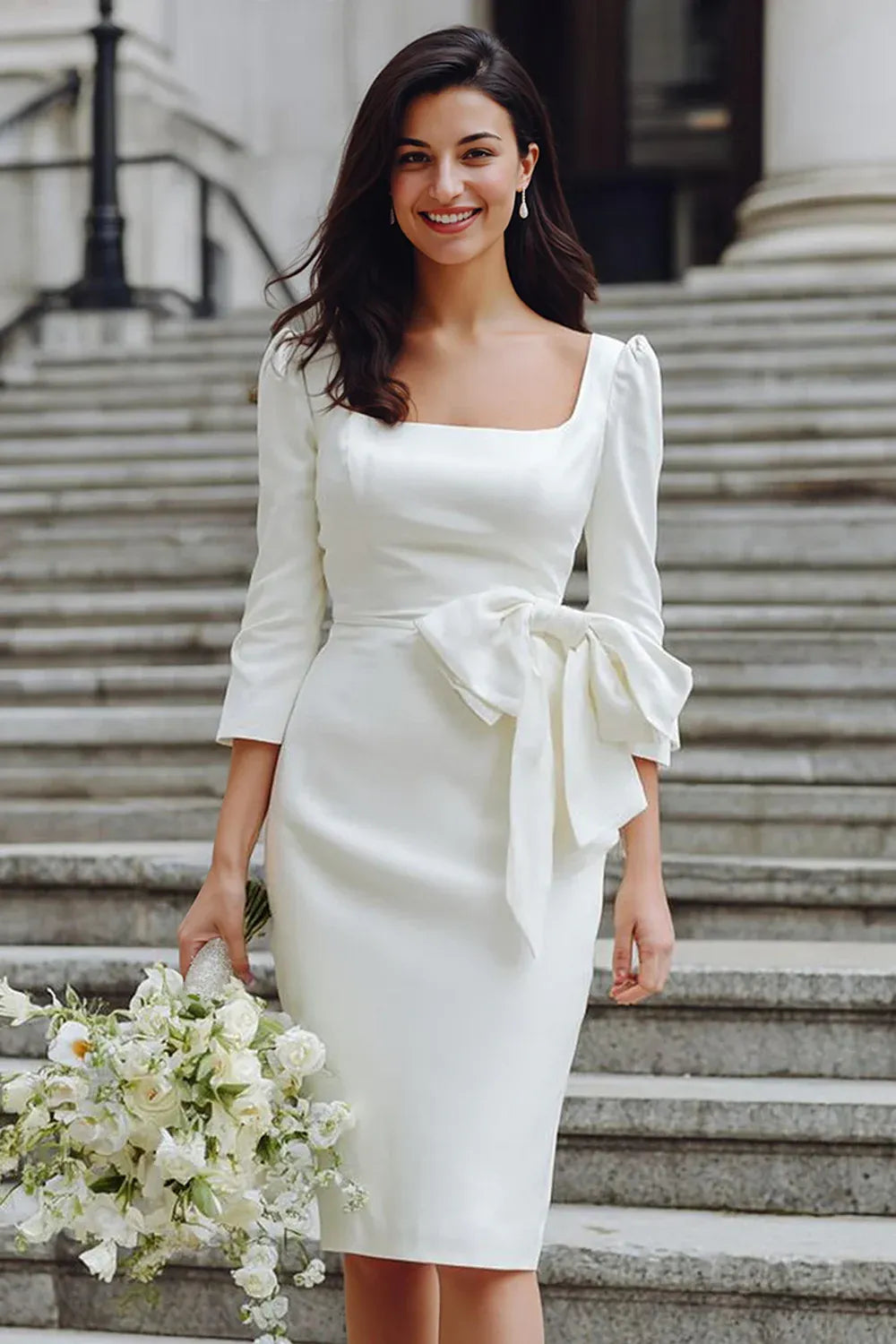 Square Neck Puff Sleeve Crepe Midi Wedding Dress with Bow